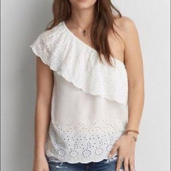 American Eagle One Shoulder Embroidery  Eyelet Top Blouse, Sz M - Picture 1 of 9